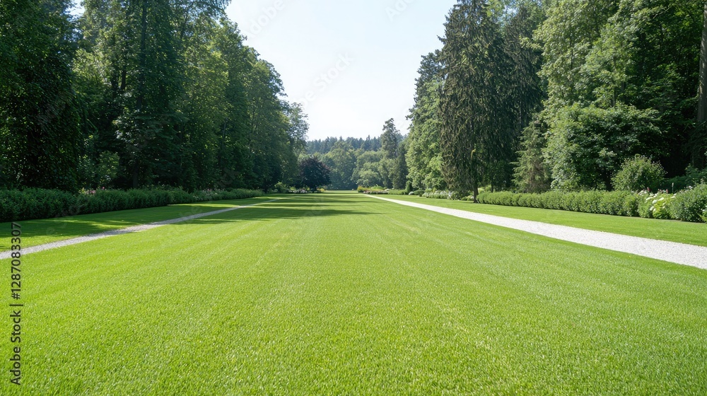 Lush green park path under bright sky. Ideal for relaxing scenes, or peaceful nature walks Lush green park path under bright sky. Ideal for relaxing scenes, or peaceful nature walks