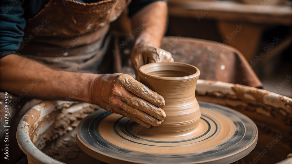 Potter shaping clay on a wheel, crafting a ceramic pot with precision and skill. Potter shaping clay on a wheel, crafting a ceramic pot with precision and skill.