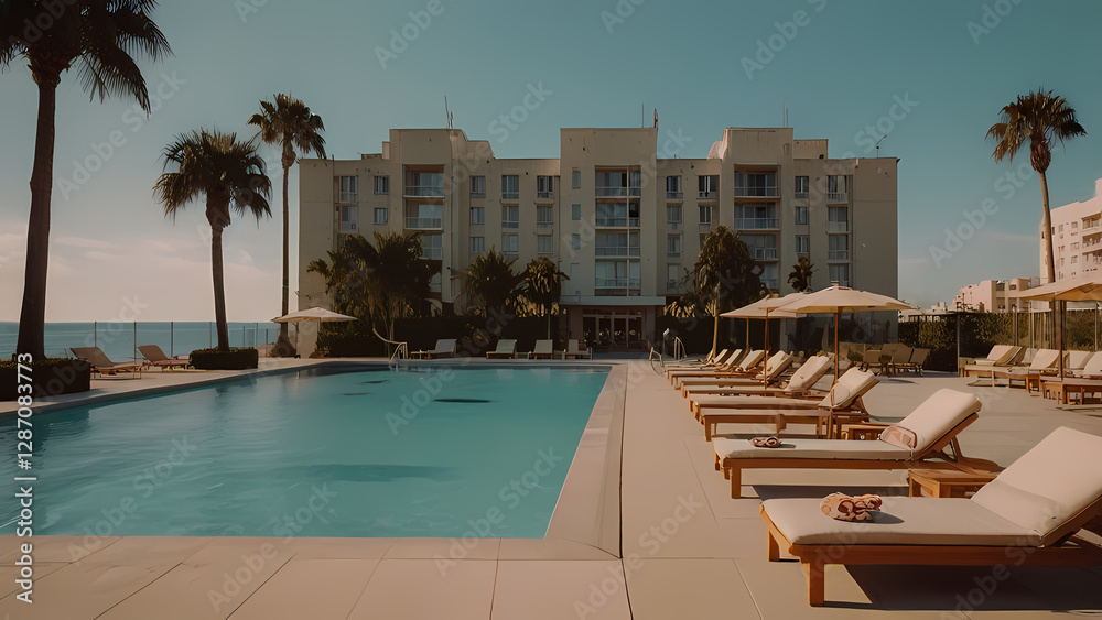 Fototapeta premium Illustration of a Tall Hotel with Outdoor Pool