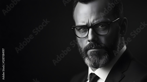 A man with a well-groomed beard and glasses in a fitted suit looking serious and focused.