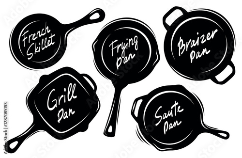 Pan and Skillet Silhouettes Set Vector Illustration Isolated on White