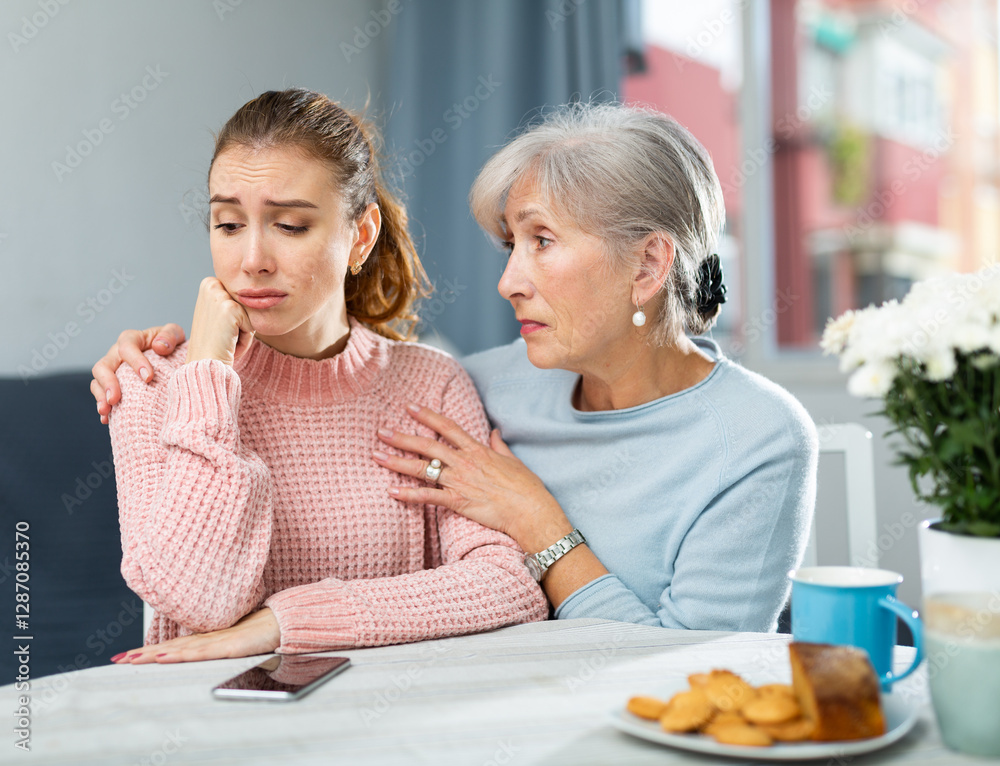 Upset young woman sitting at table. Her mother senior woman and trying to cheer her up. Upset young woman sitting at table. Her mother senior woman and trying to cheer her up.