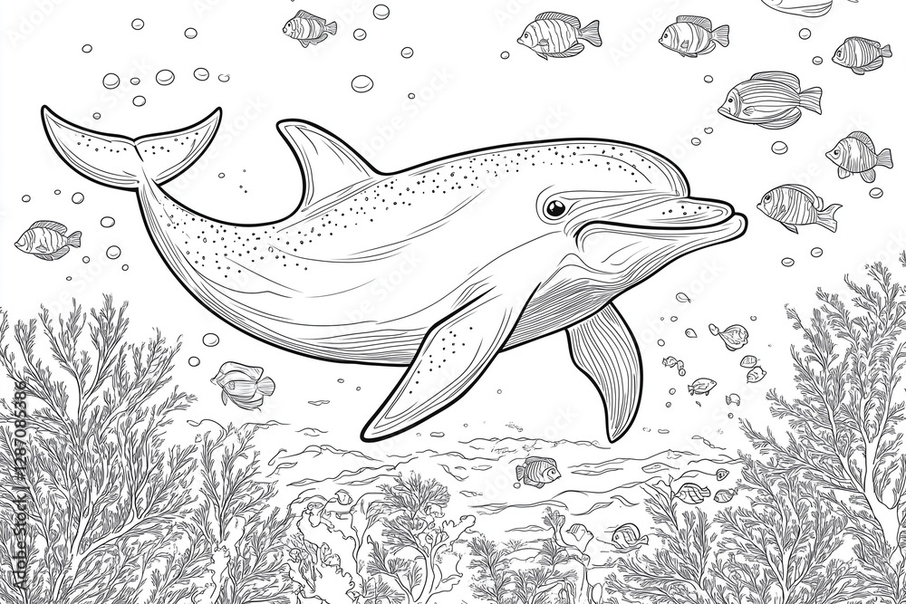 Fototapeta premium Cartoon dolphin swimming underwater with smaller fish for coloring book pages