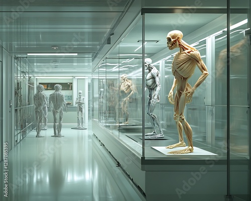 Analysis virtual simulation showing divergent evolutionary paths of humans other primates bringing into focus major anatomical divergences surrounded by a clean laboratory environment with glass walls