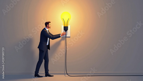Businessman Connecting Light Bulb to Power Outlet Representing New Project Development and Investment