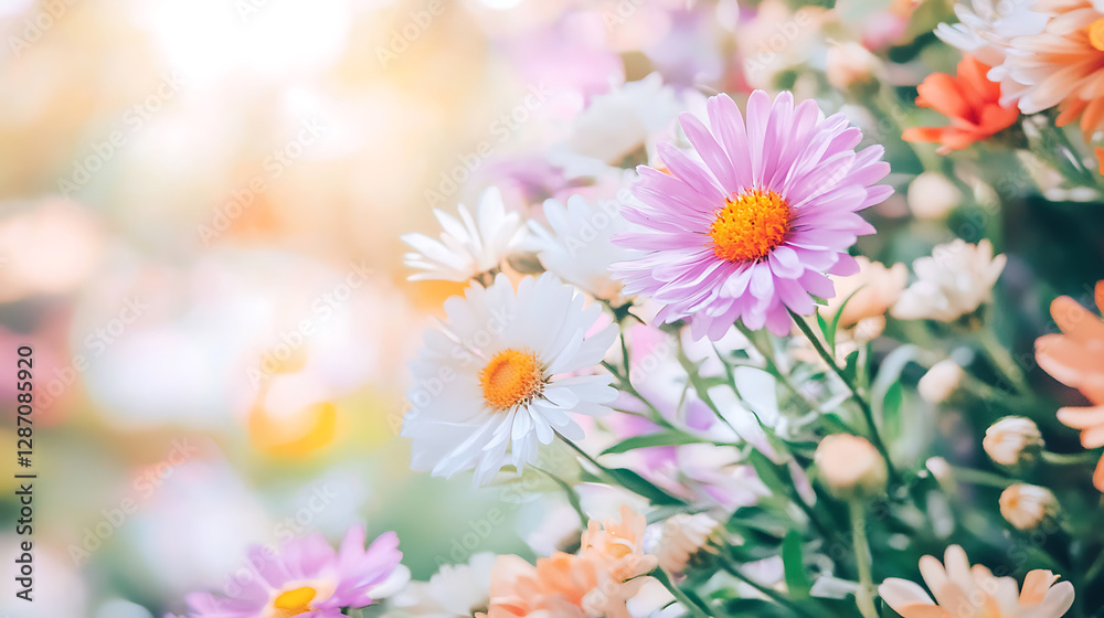 Fototapeta premium Beautiful flower garden with blooming asters and colorful daisies
