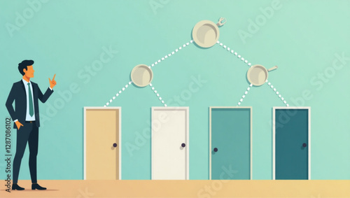 Businessman Contemplating Career Path Choices in Front of Multiple Doors Representing Future Opportunities
