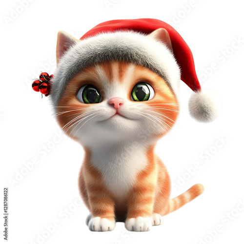 A Jolly 3D Cartoon Cat Wearing a Santa Hat Isolated on Transparent Background