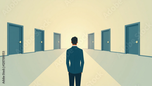 Businessman Contemplating Career Path Choices in Front of Multiple Doors Representing Future Opportunities