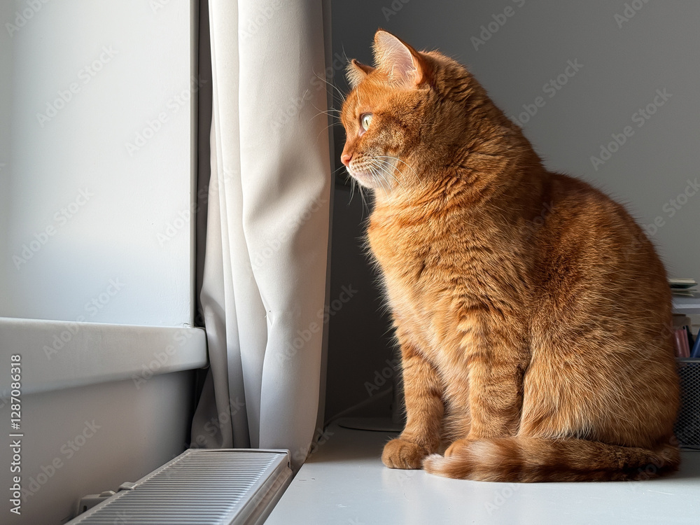 Sad ginger cat sitting on the table and looking at the window Sad ginger cat sitting on the table and looking at the window