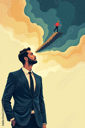 Businessman contemplating future career path, planning professional development and success trajectory