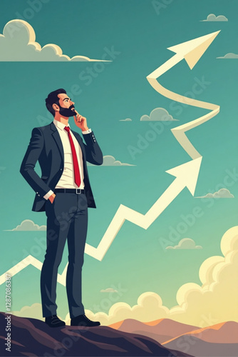 Businessman contemplating future career path, planning professional development and success trajectory