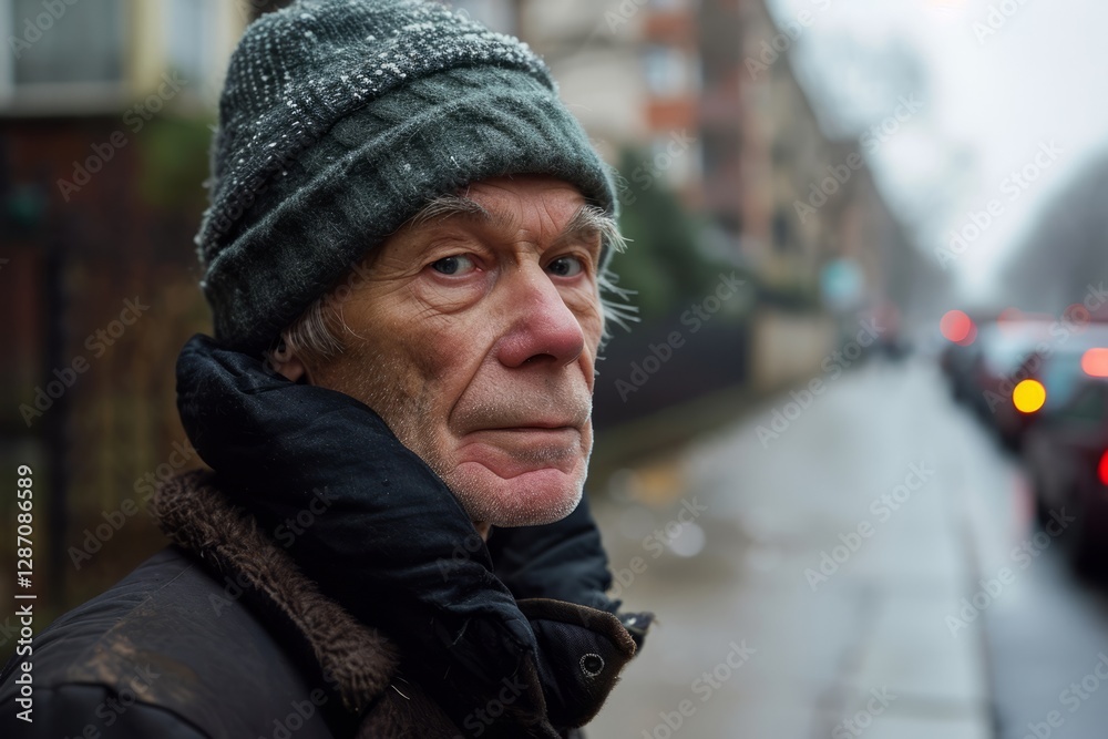 Portrait of an elderly man on the street in the winter.