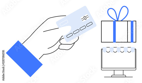 Hand holds a credit card beside a gift box and desktop monitor with notepad. Ideal for online shopping, e-commerce, digital payments, internet security, holiday sales, business promotions
