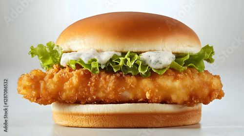 A crispy fish fillet sandwich with lettuce and tartar sauce on a toasted bun.