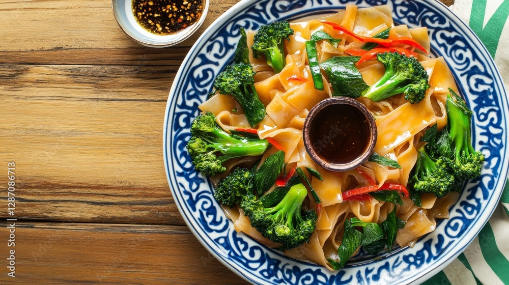 A colorful image of Pad See Ew with wide rice noodles, soy sauce, and Chinese broccoli on a wooden table