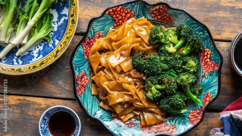 A colorful image of Pad See Ew with wide rice noodles, soy sauce, and Chinese broccoli on a wooden table