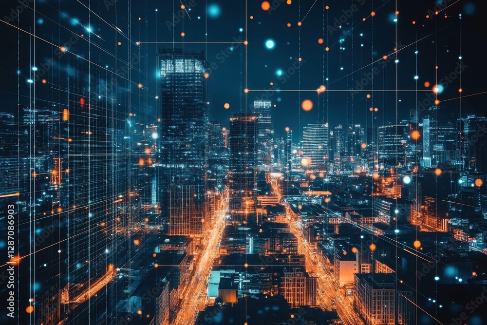 Dramatic city skyline at night with digital effects and bright lights Dramatic city skyline at night with digital effects and bright lights
