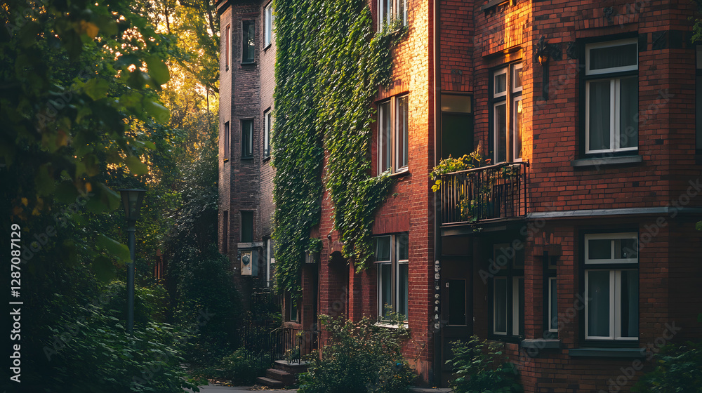 Fototapeta premium A cozy old brick apartment building with ivy climbing up the facade nestled in a quiet street.