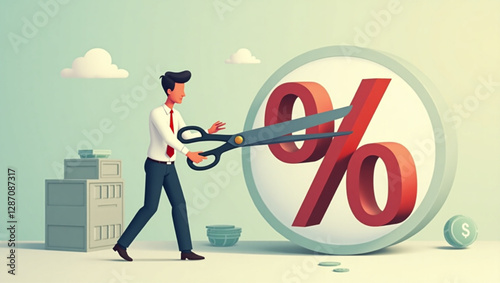 Businessman Cutting Percentage Mark with Scissors vector::9, stopping inflation and reducing high interest rates on loans