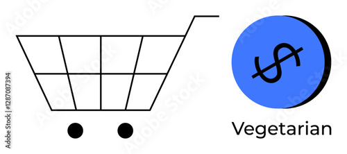Shopping cart with two wheels and grid design next to a blue circle containing a crossed-out dollar sign and labeled Vegetarian. Ideal for grocery shopping, vegetarian diet, cost-saving