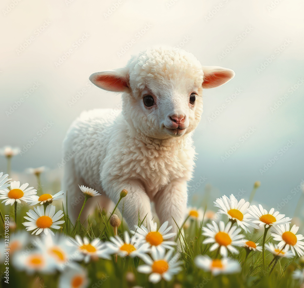 Fototapeta premium Charming lamb standing among vibrant daisies on a serene meadow, evoking warmth and innocence