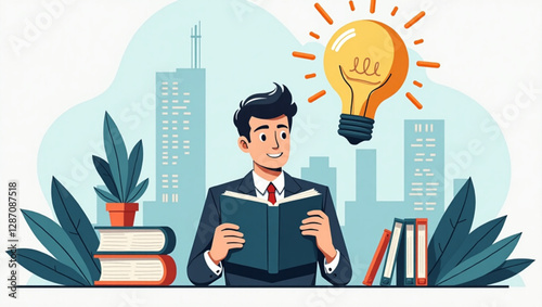 Businessman Discovering Innovative Ideas and Solutions Through Reading and Studying