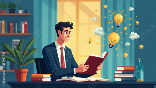 Businessman Discovering Innovative Ideas and Solutions Through Reading and Studying