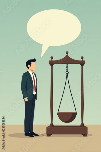 Businessman Facing Newton's Cradle with Chat Bubble, Illustrating the Impact of Speech and Communication