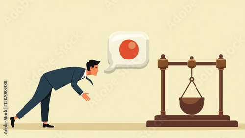 Businessman Facing Newton's Cradle with Chat Bubble, Illustrating the Impact of Speech and Communication