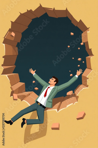 Businessman Falling Down Hole Representing Financial Crisis, Market Crash, Recession, Bankruptcy, and Economic Loss