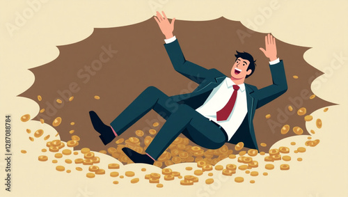 Businessman Falling Down Hole Representing Financial Crisis, Market Crash, Recession, Bankruptcy, and Economic Loss
