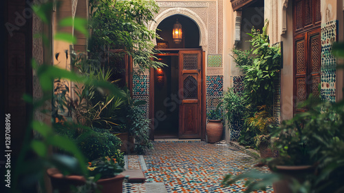 A traditional Moroccan riad with colorful mosaic tiles carved wooden doors and an open courtyard filled with exotic plants.