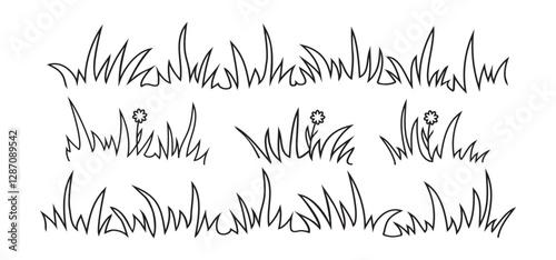 Grass linear icon, meadow and flower doodle outline design, bush tuft, small lawn, black sketch plant isolated on white background. Thicket hand drawn border. Floral scribble vector illustration