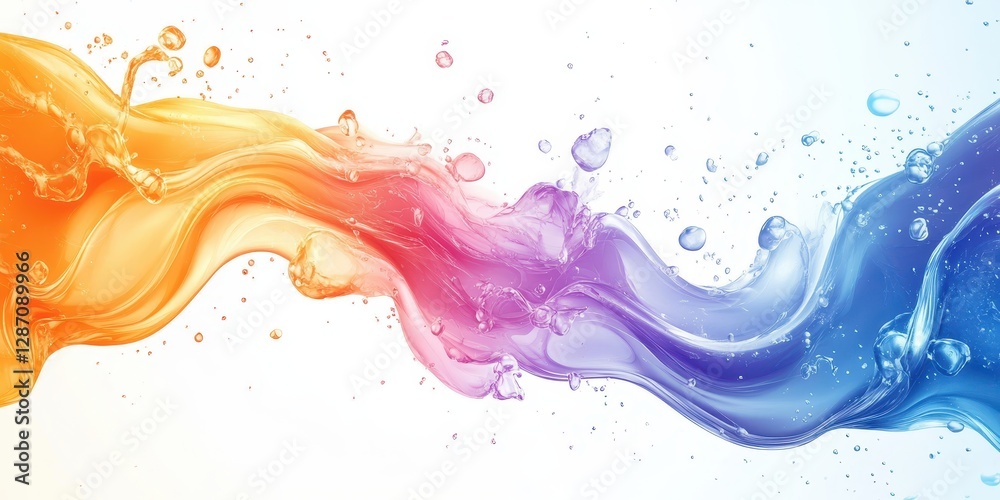 Fototapeta premium Dynamic Abstract Swirls of Vibrant Multicolored Liquid Waves with Orange, Pink, Purple, and Blue Fluid Flowing Horizontally Across a White Background