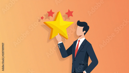 Businessman Holding Gold Star to Represent Customer Review and High Rating for Excellent Service
