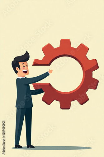 Businessman Integrating Missing Gear into Cogwheel Mechanism Representing Successful Business Process and Development