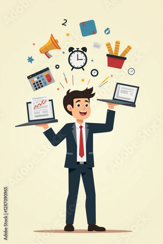Businessman Juggling Multiple Tasks for Effective Time Management