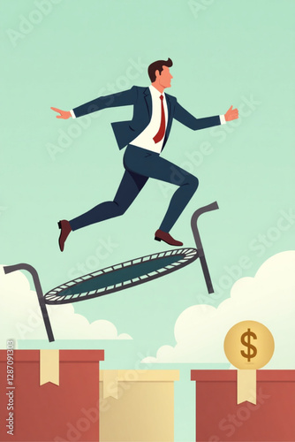 Businessman Jumping from Trampoline to Recover from Economic Crisis and Grow Profits