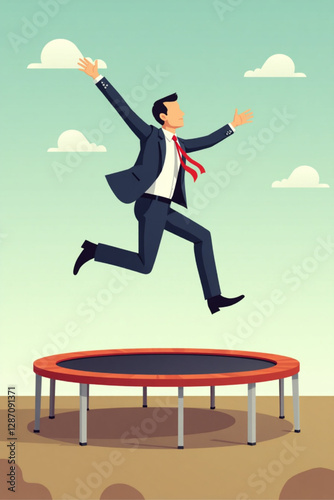 Businessman Jumping from Trampoline to Recover from Economic Crisis and Grow Profits