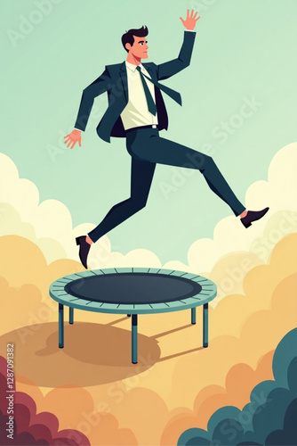 Businessman Jumping from Trampoline to Recover from Economic Crisis and Grow Profits