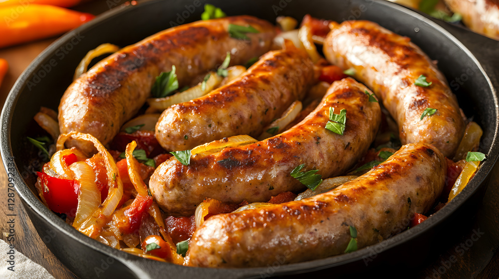 A savory onion and sausage casserole with a tomato base. A savory onion and sausage casserole with a tomato base.