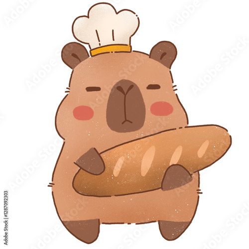 Cute cartoon capybara chef holding loaf of bread, wearing chef hat