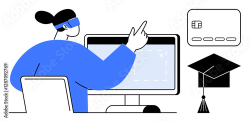 Individual with VR headset interacting with a computer, graduation cap and credit card floating nearby. Ideal for education, e-learning, remote learning, virtual reality, financial planning, future