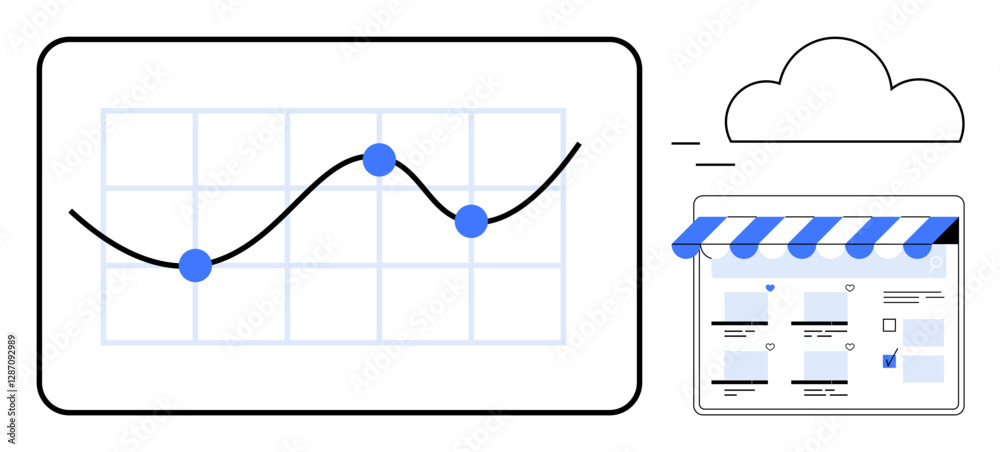 Progress graph with key data points connects to an online storefront window, indicating cloud-based data transfer. Ideal for data analytics, online business, cloud computing, technology integration Progress graph with key data points connects to an online storefront window, indicating cloud-based data transfer. Ideal for data analytics, online business, cloud computing, technology integration