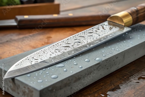 Sharp chef's knife on wet stone, ready for precision cutting in the kitchen. photo