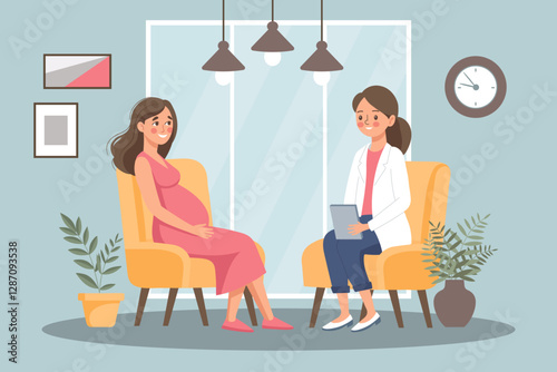Pregnant woman at consultation with doctor.Monitoring pregnancy and healthy. Flat style illustration.