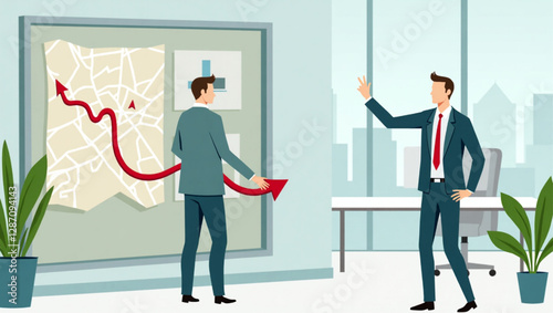 Businessman Marking Route on Map to Achieve Success and Goals in Office Setting