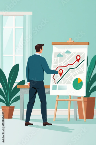 Businessman Marking Route on Map to Achieve Success and Goals in Office Setting