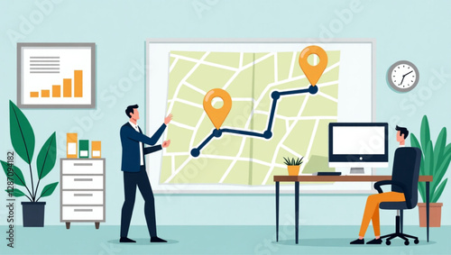 Businessman Marking Route on Map to Achieve Success and Goals in Office Setting